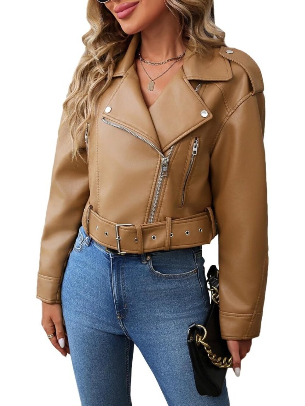 Women's Faux Leather Brown Cropped Jacket Vegan Motor Biker Coat with Belt